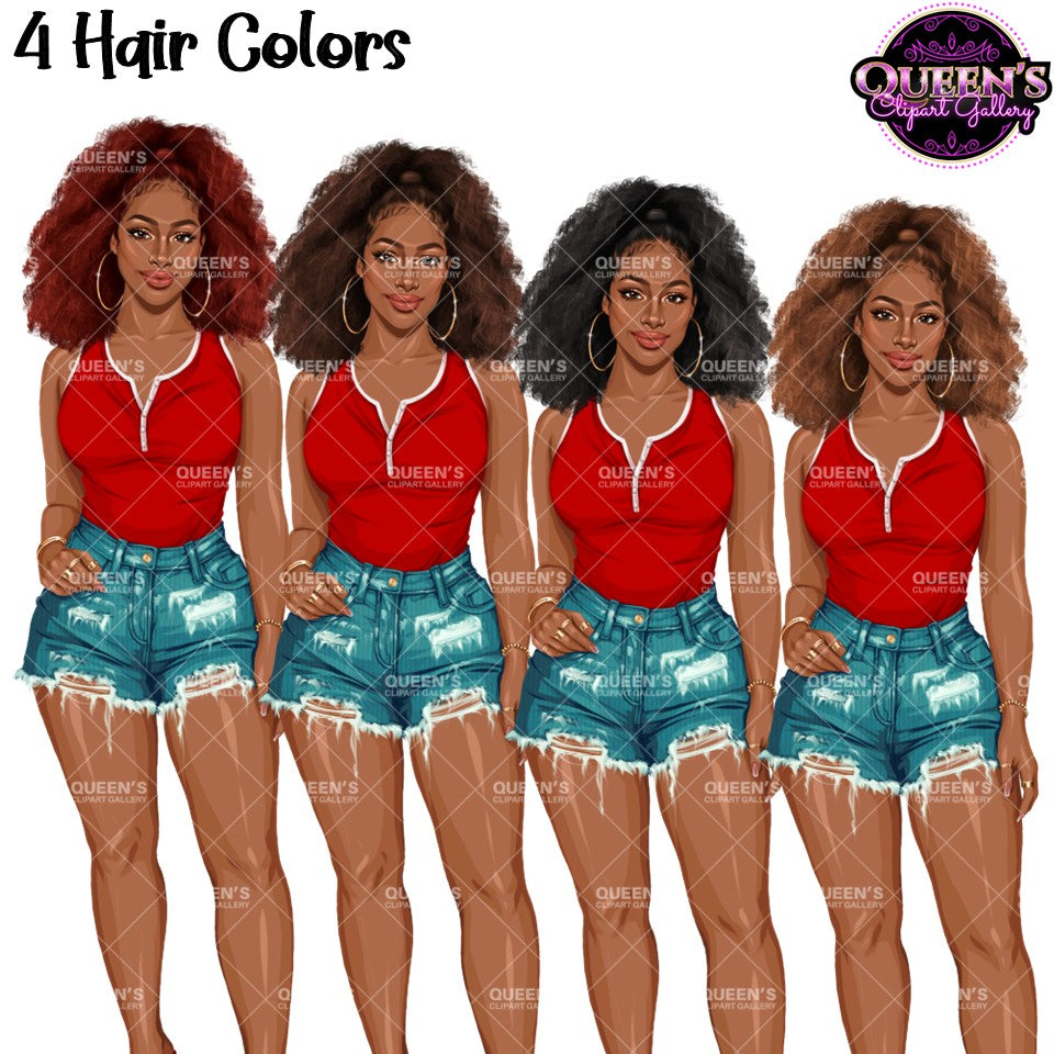 Black woman clipart with natural curly afro hairstyles in red, brown, black and auburn hair colors, casual denim shorts outfit PNG with transparent backgrounds