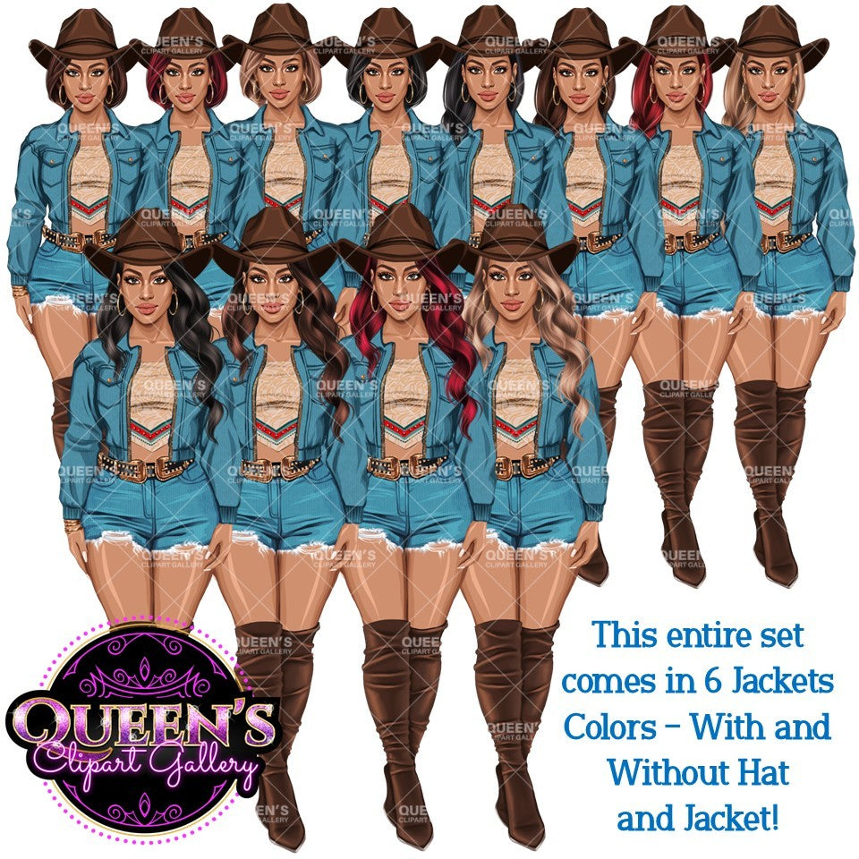 Country Girl Clipart Bundle PNG | Cowgirl Woman Clipart Bundle | Western Fashion Women PNG | Afro and White Cowgirl Clipart
