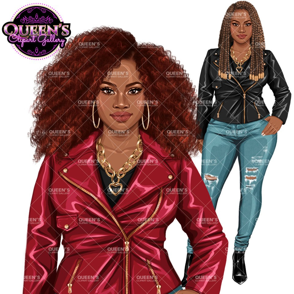 Black woman fashion clipart featuring curly Afro hair, red leather jacket, ripped jeans and braided hairstyle PNG with transparent background.