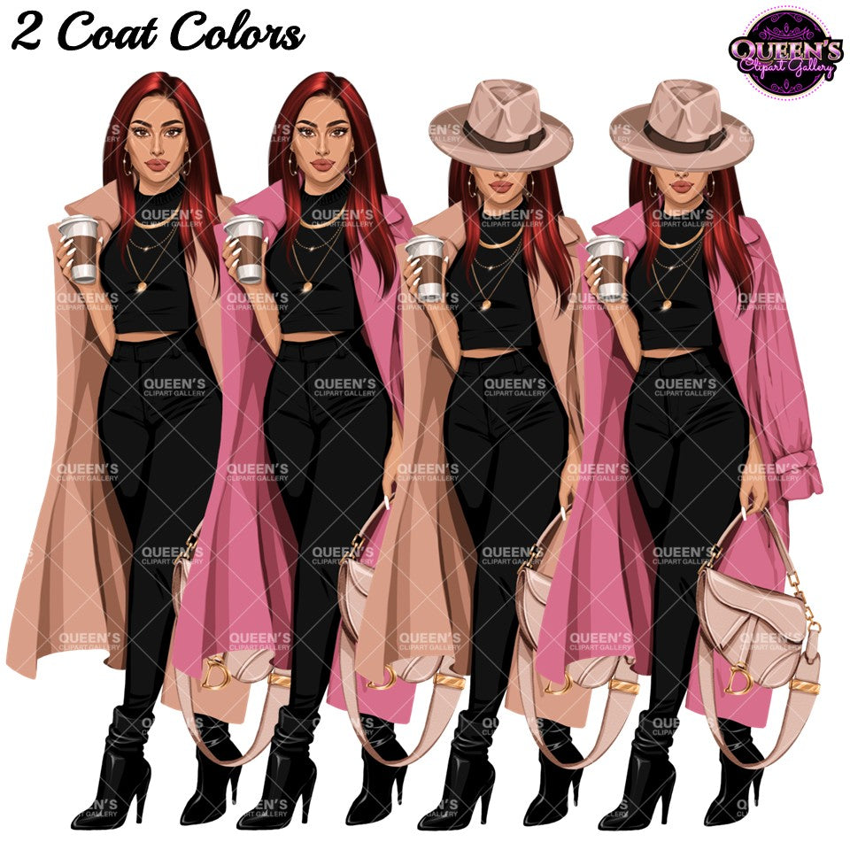 Stylish woman clipart featuring pink and tan long trench coats, black outfit, coffee cup, handbag and wide brim hat.