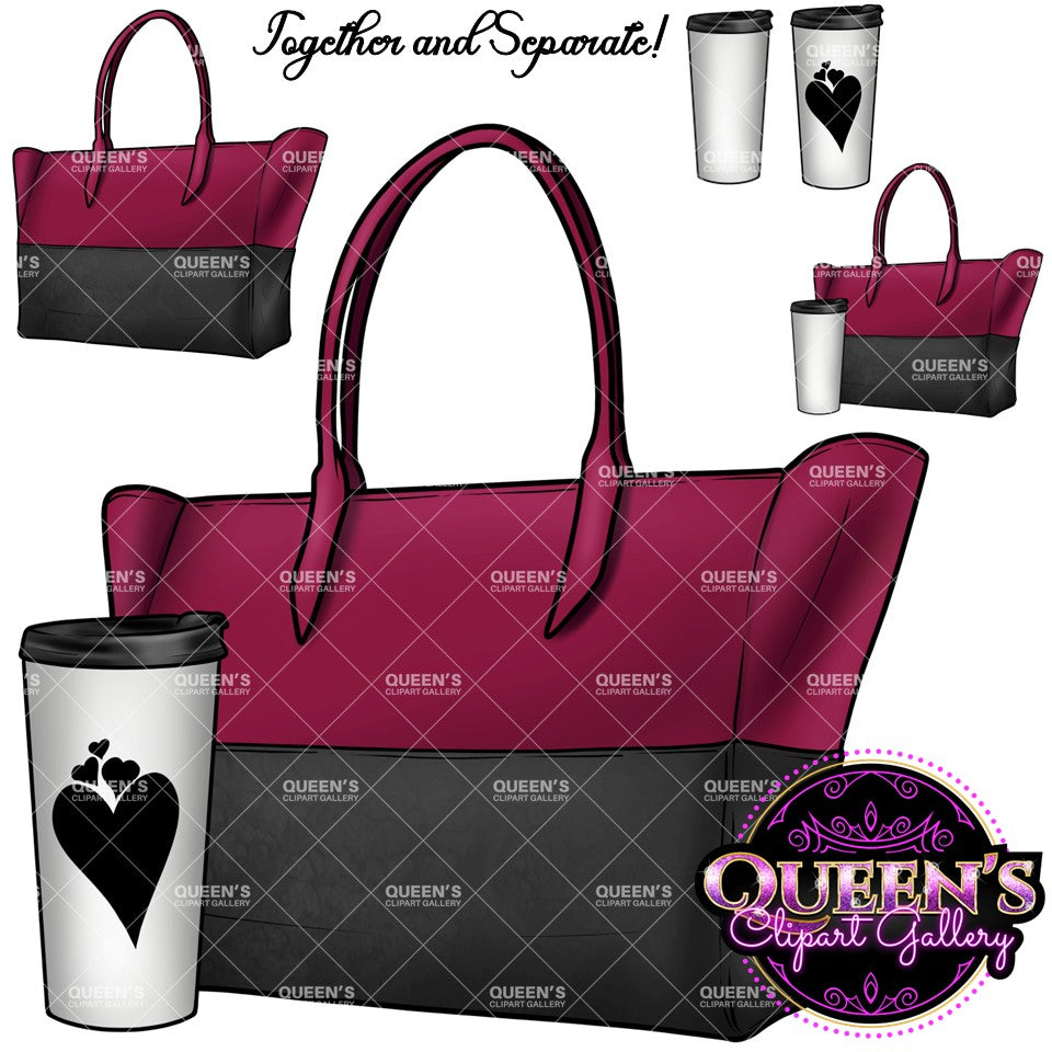 Burgundy and black tote bag clipart with white travel coffee cup, featuring handbag and coffee designs together and separately on transparent backgrounds.