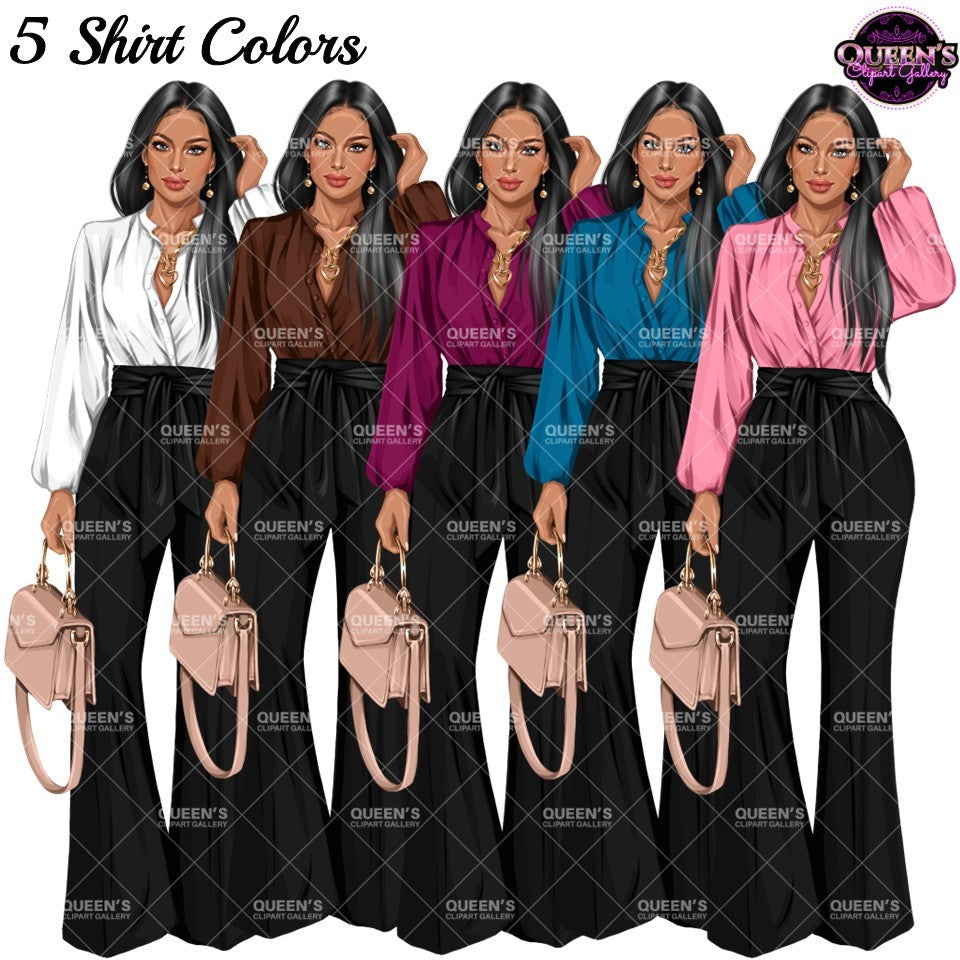 Professional business woman clipart wearing white, brown, magenta, blue and pink blouses with black wide-leg pants and handbag.