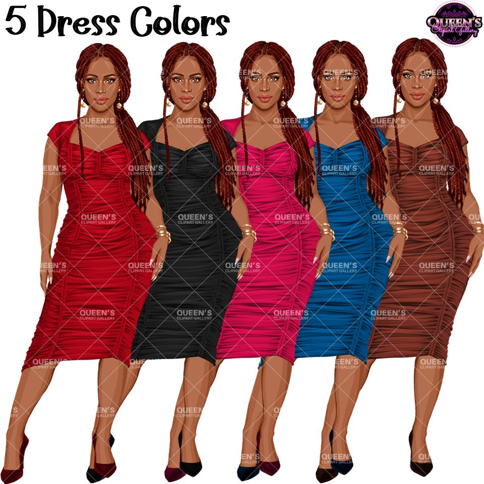 Black woman fashion clipart featuring braided Afro women wearing elegant ruched dresses in multiple colors.