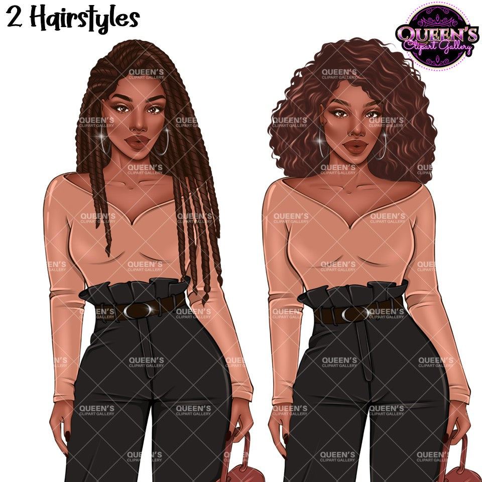 Black woman clipart featuring long braids and short curly Afro hairstyles, neutral tops, black high waisted pants, hoop earrings, and handbags