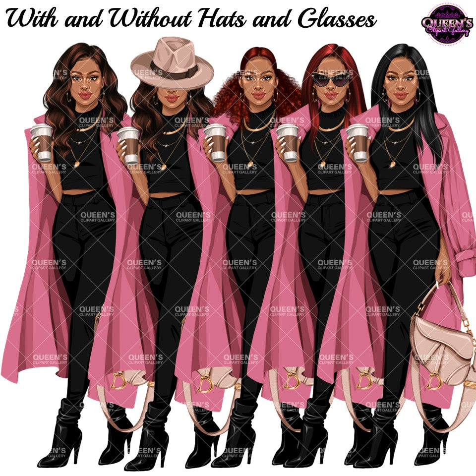 Afro Woman | Fashion Woman Clipart | Fashion Woman Clipart | Coffee Woman PNG | Trench Coat Girl Clipart | Coffee Illustration