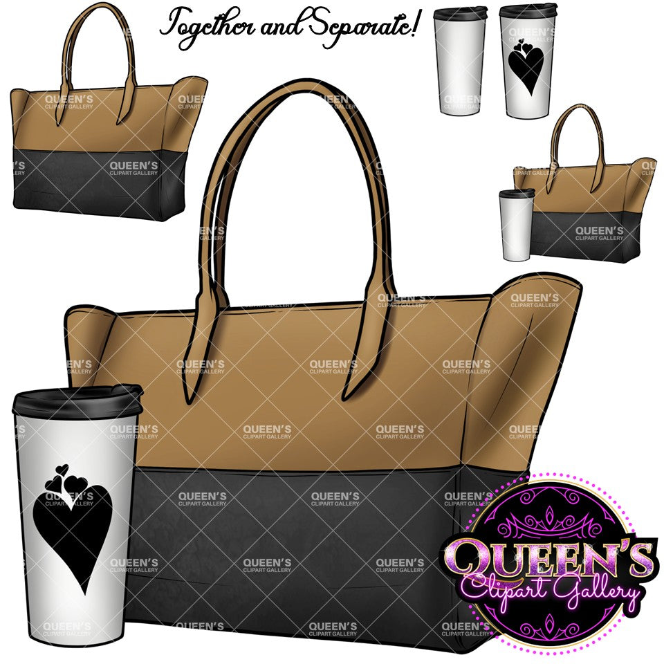 Tan and black tote bag clipart with white travel coffee cup, featuring purse and coffee designs together and separately on transparent backgrounds.