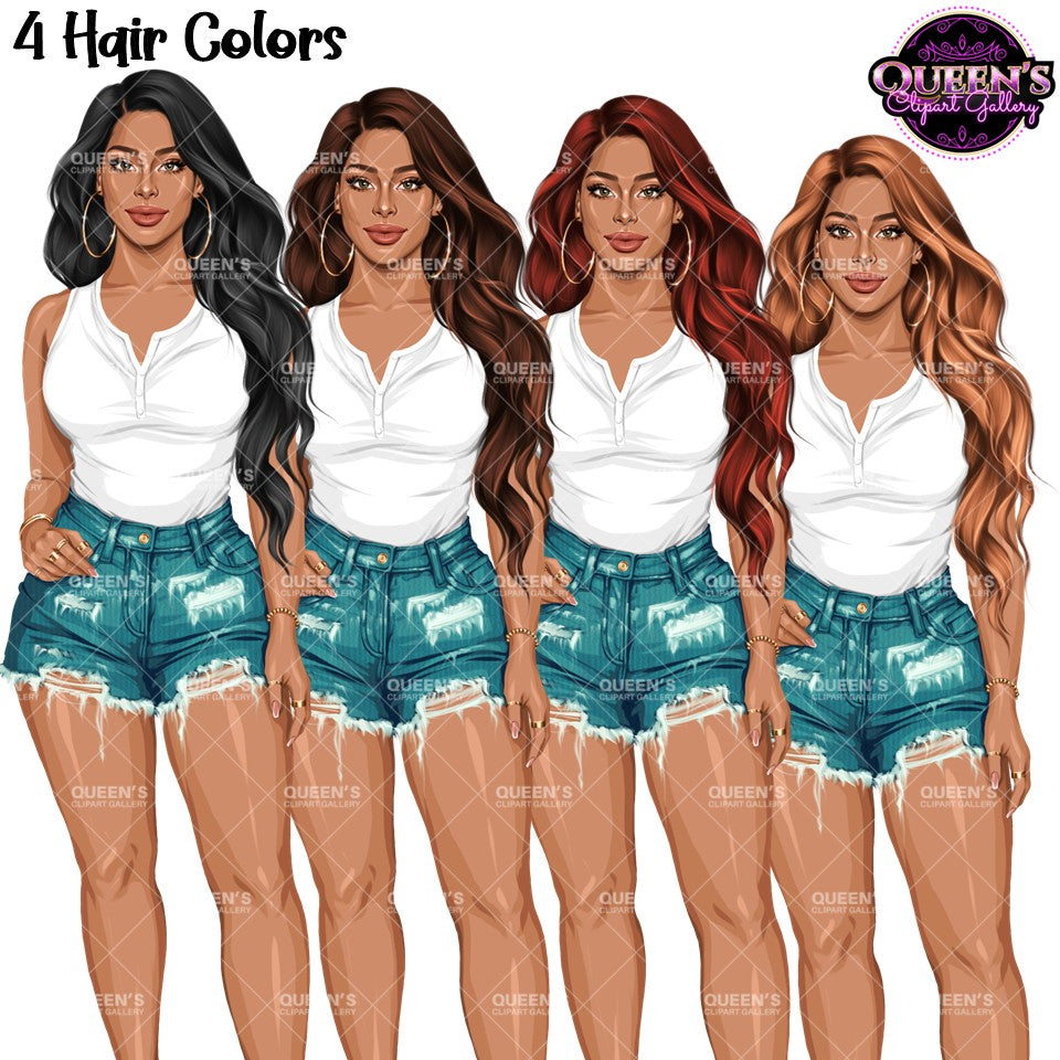 Woman clipart wearing white sleeveless top and distressed denim shorts with black, brown, red and blonde wavy hair, summer fashion PNG with transparent backgrounds