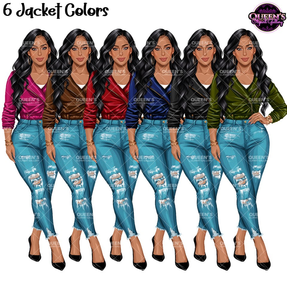 Fashion woman clipart wearing ripped blue jeans with six leather jacket colors including pink, brown, red, blue, black and green, PNG with transparent backgrounds