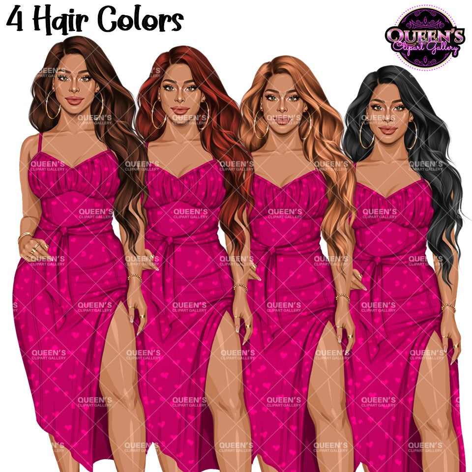 Fashion woman clipart wearing pink midi dresses with long wavy hairstyles in brunette, red, blonde and black hair colors, PNG images with transparent backgrounds