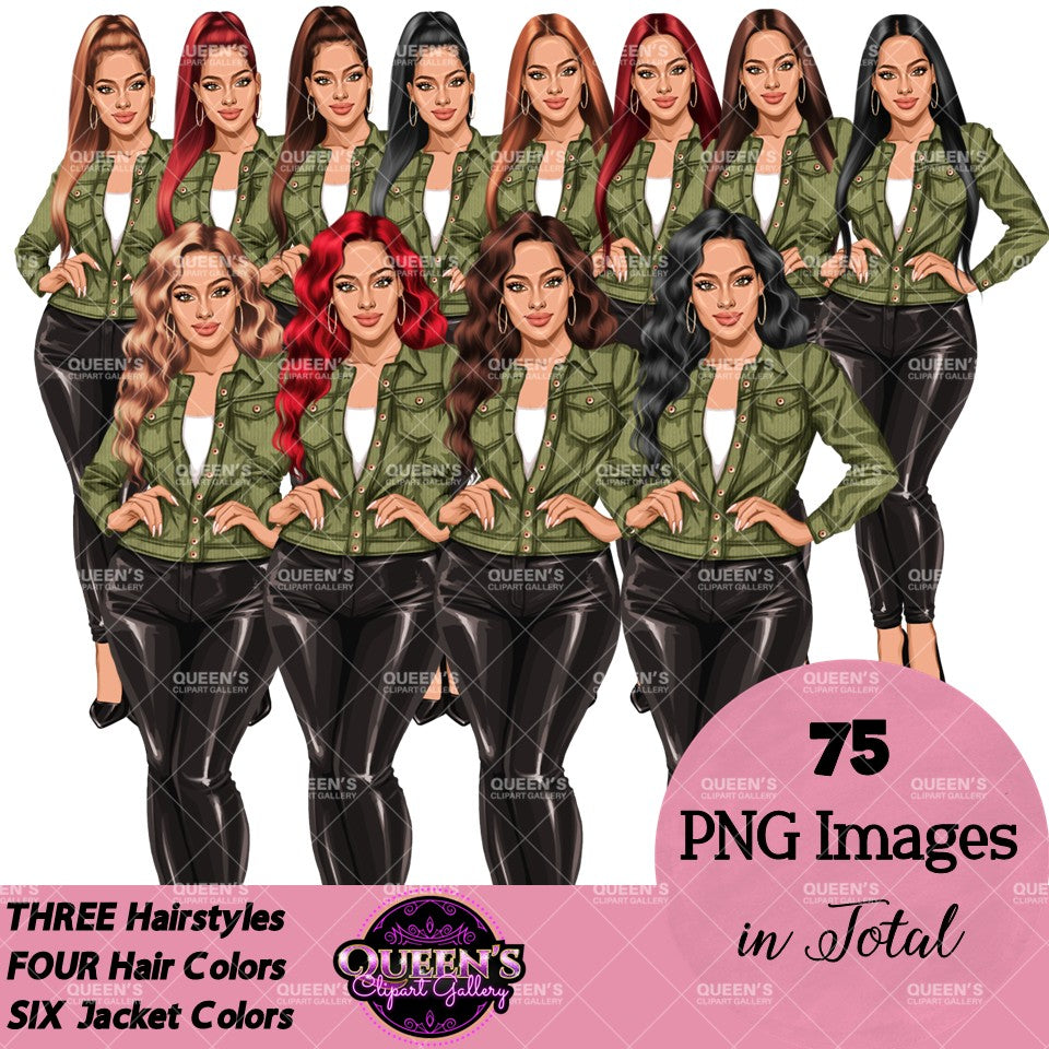 Digital clipart  featuring a stylized woman in a light green button-up jacket and black pants.  Fashion woman clipart PNG featuring a stylish woman wearing a casual jacket with 3 hairstyles, 4 hair colors, 6 jacket color variations, and transparent background.