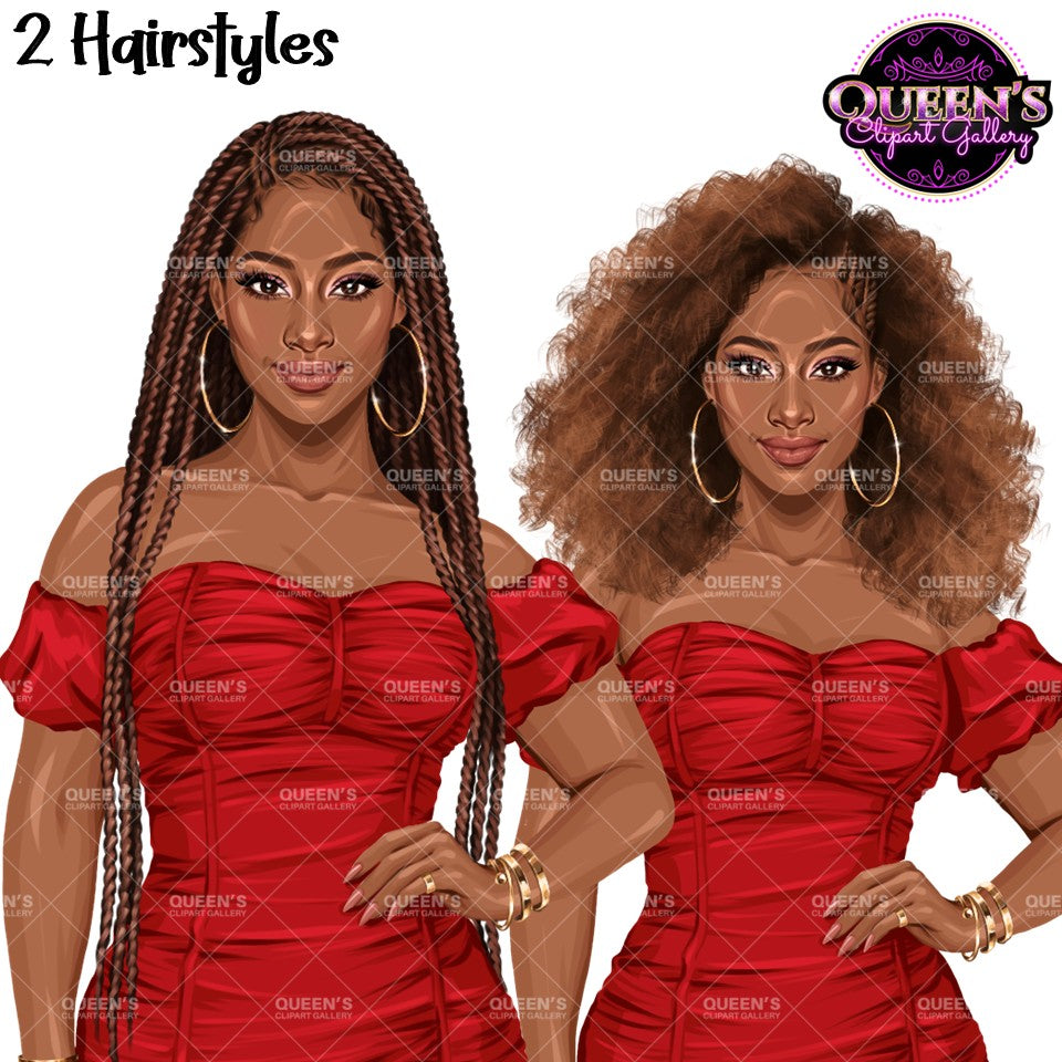Black woman clipart featuring long box braids and natural curly afro hairstyles with fashionable mini dresses and transparent backgrounds