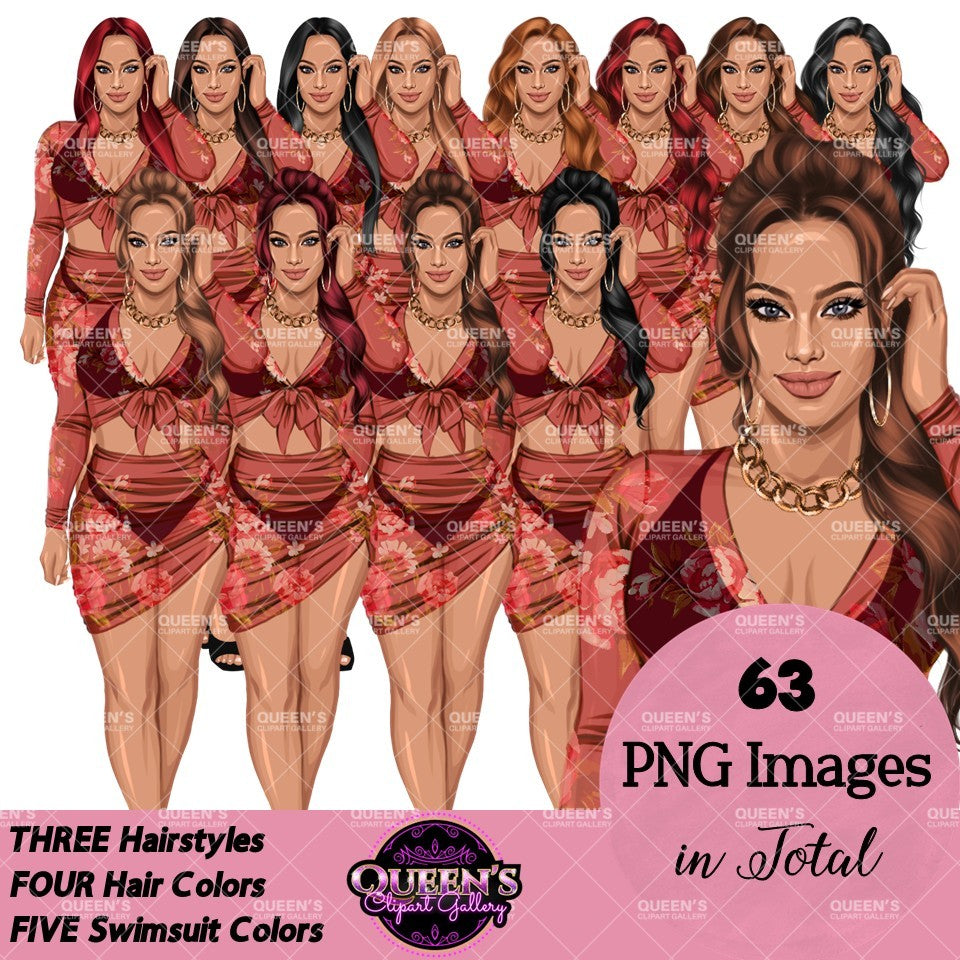 Floral swimsuit clipart PNG featuring a stylish  woman in a floral bathing suit with sheer cover-up, multiple hairstyles, hair colors, outfit color variations, and transparent background. Fashion woman clipart PNG, stylish female illustration for planners, websites, branding, and commercial use.