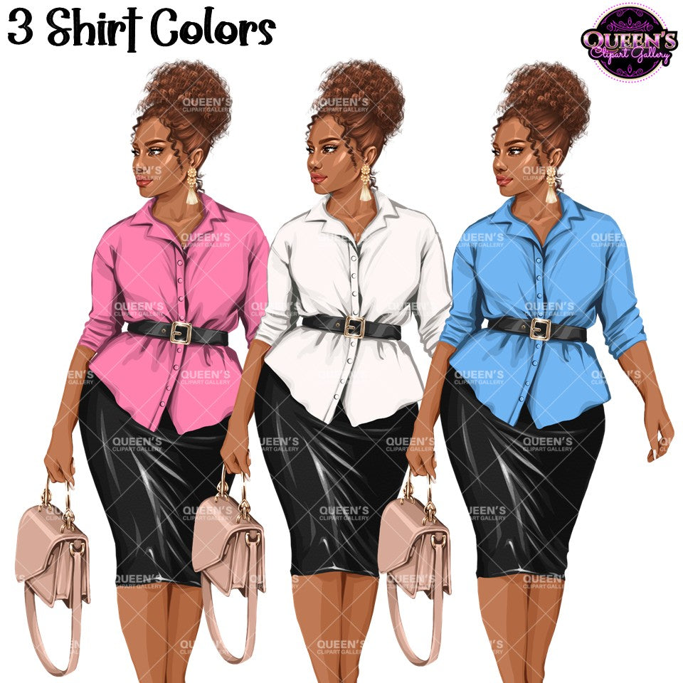 Curvy African American business woman clipart featuring pink, white, and blue blouse color options with natural hair, pencil skirt, handbag, and transparent PNG backgrounds.