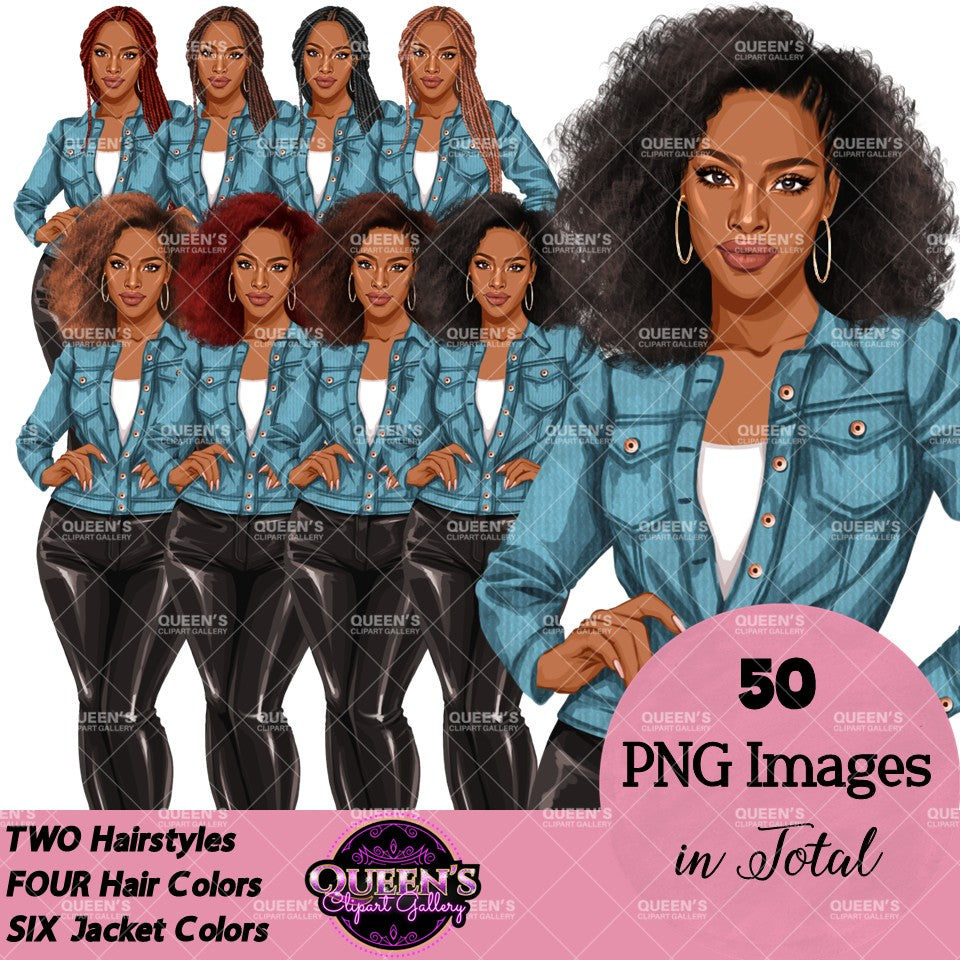 Digital clipart  featuring a stylized African American woman in a blue button-up jacket and black pants.  Fashion woman clipart PNG featuring a stylish woman wearing a casual jacket with 2 hairstyles, 4 hair colors, 6 jacket color variations, and transparent background.
