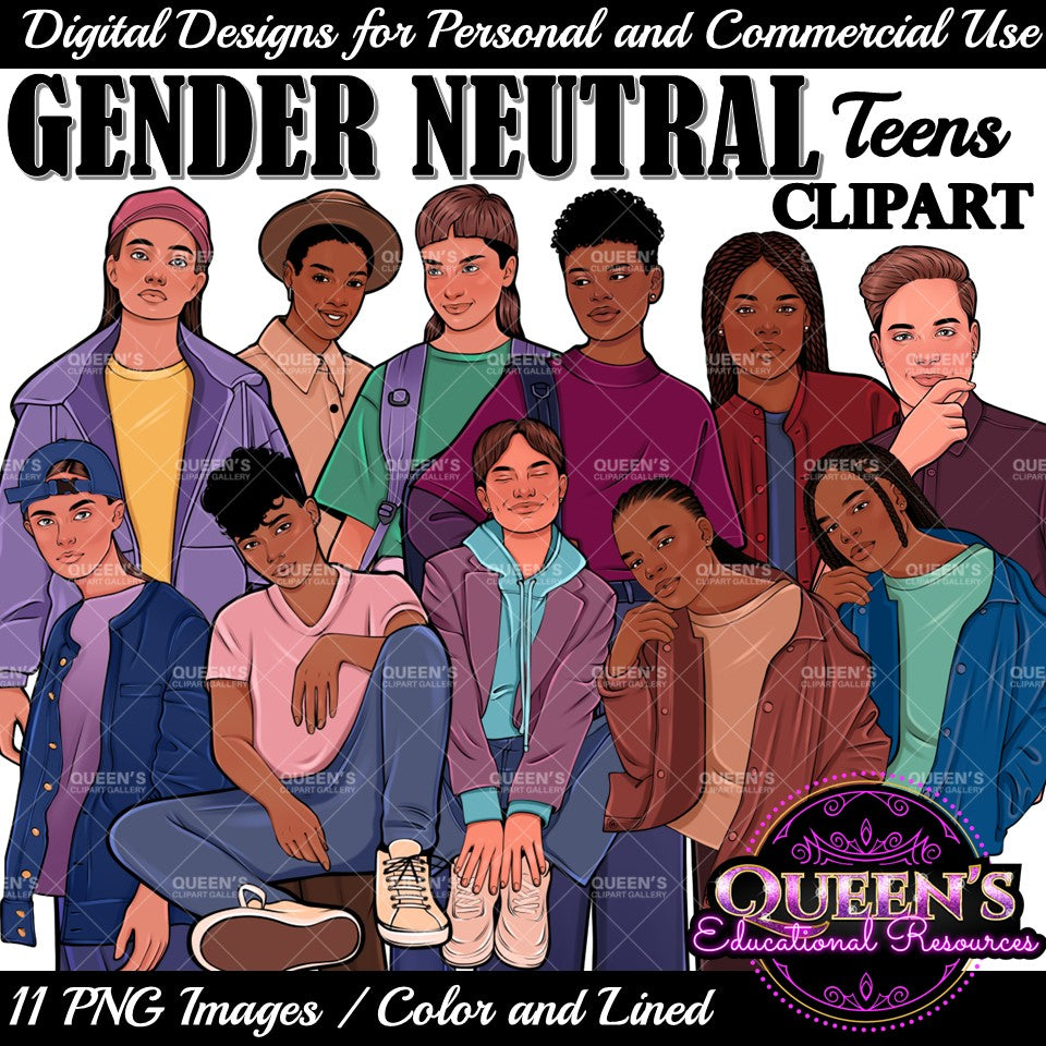 Gender neutral teen clipart collection featuring diverse teenagers in casual clothing, inclusive youth and student PNG images with transparent backgrounds