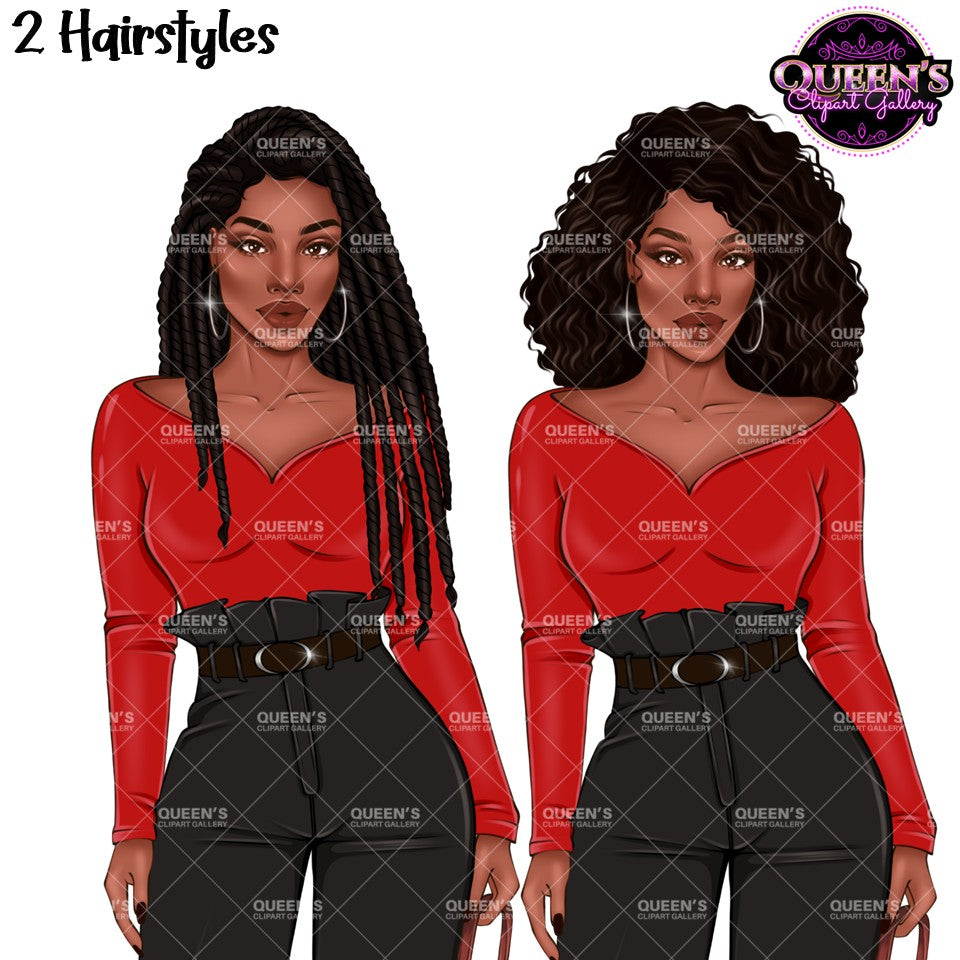 Black woman clipart featuring long black braids and short curly Afro hair, red tops, black high waisted pants, hoop earrings, and transparent backgrounds