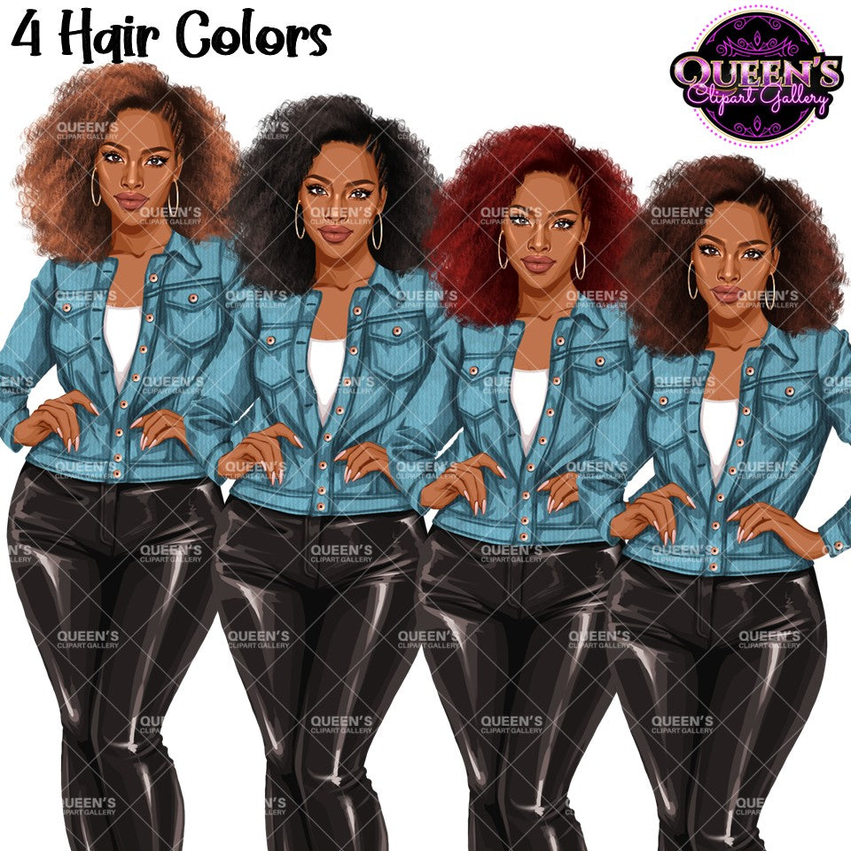 Four illustrated women wearing the same outfit, each with a different hair color, shown side by side on a white background with the text '4 Hair Colors' and a 'Queen's Clipart Gallery' logo. Fashion African American woman clipart featuring 4 hair color variations with a casual jacket, faux leather pants, and transparent PNG background.