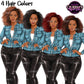 Four illustrated women wearing the same outfit, each with a different hair color, shown side by side on a white background with the text '4 Hair Colors' and a 'Queen's Clipart Gallery' logo. Fashion African American woman clipart featuring 4 hair color variations with a casual jacket, faux leather pants, and transparent PNG background.