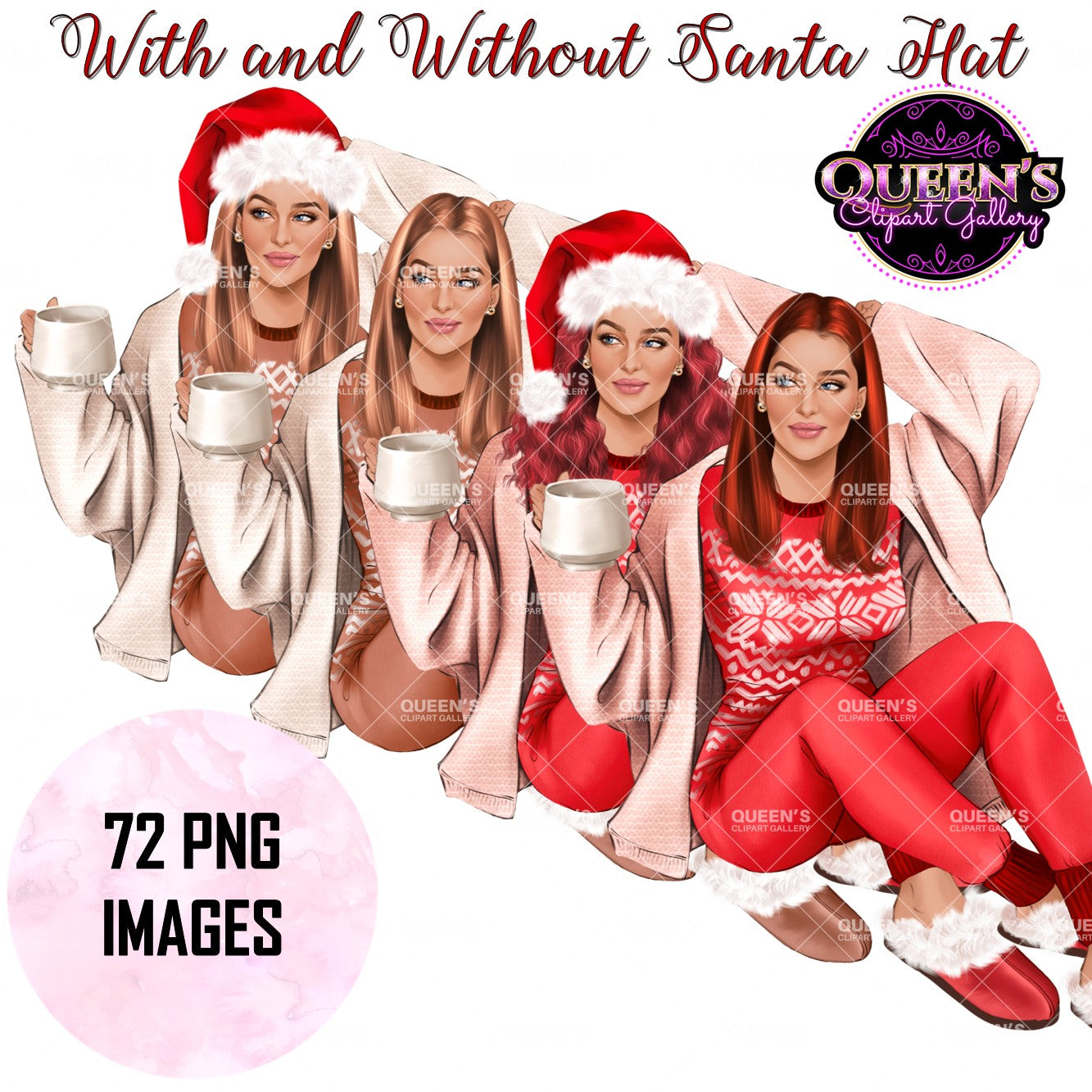 Christmas Clipart | Winter Clipart | Cozy Clipart | Woman | Holiday | Santa Hat | Coffee | Cozy Woman Clipart