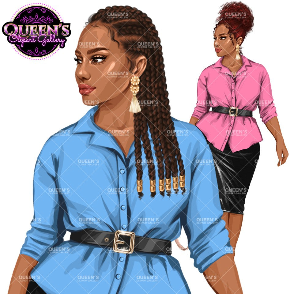 African American professional woman clipart PNG featuring braided hair, blue blouse, business attire, and alternate natural hair pose with transparent background.
