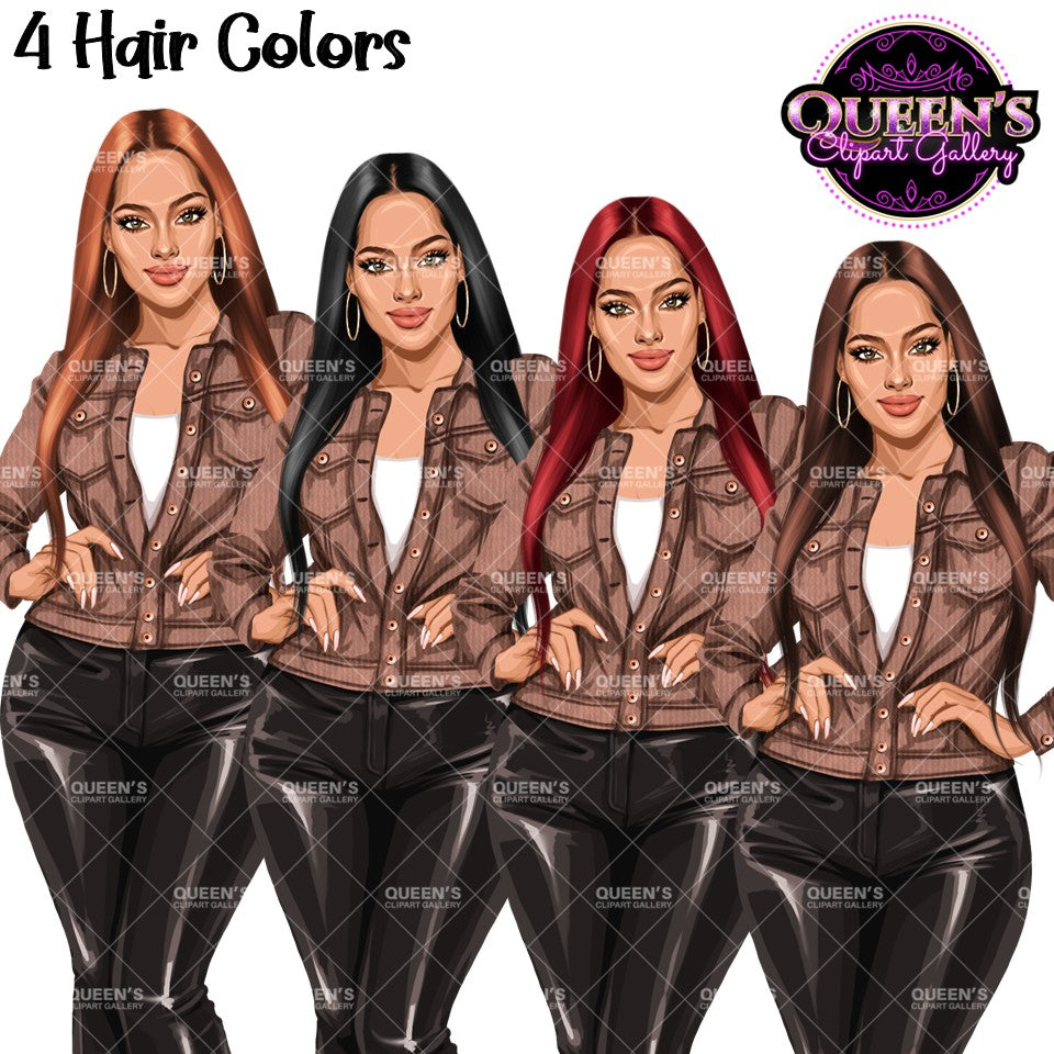 Fashion woman clipart featuring 4 hair color variations with a casual jacket, faux leather pants, and transparent PNG background.