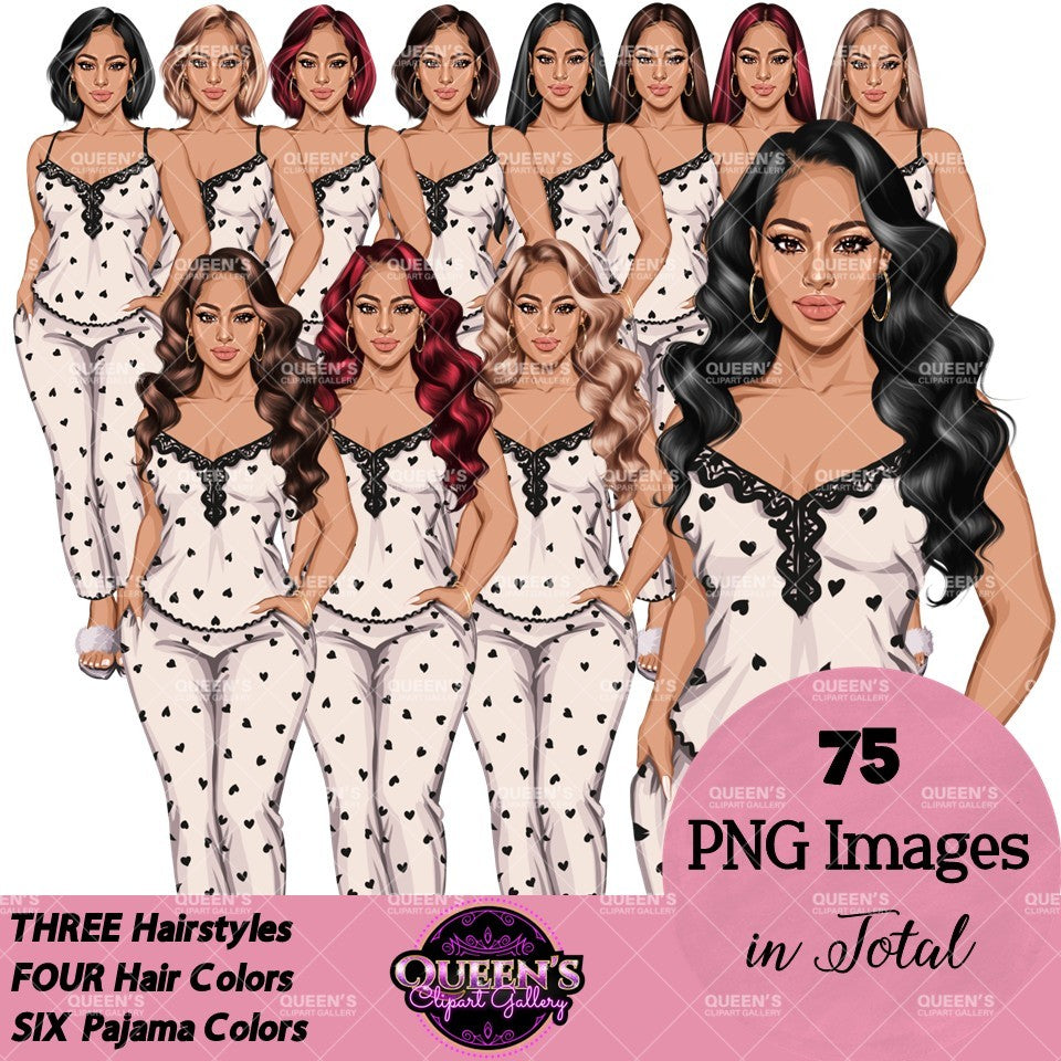 Non-African American white pajama girl clipart PNG featuring a stylish woman in heart print white sleepwear with multiple hairstyles, hair colors, pajama color variations, and transparent background. Woman clipart PNG, modern female illustration for planners, websites, educational resources, and commercial use.