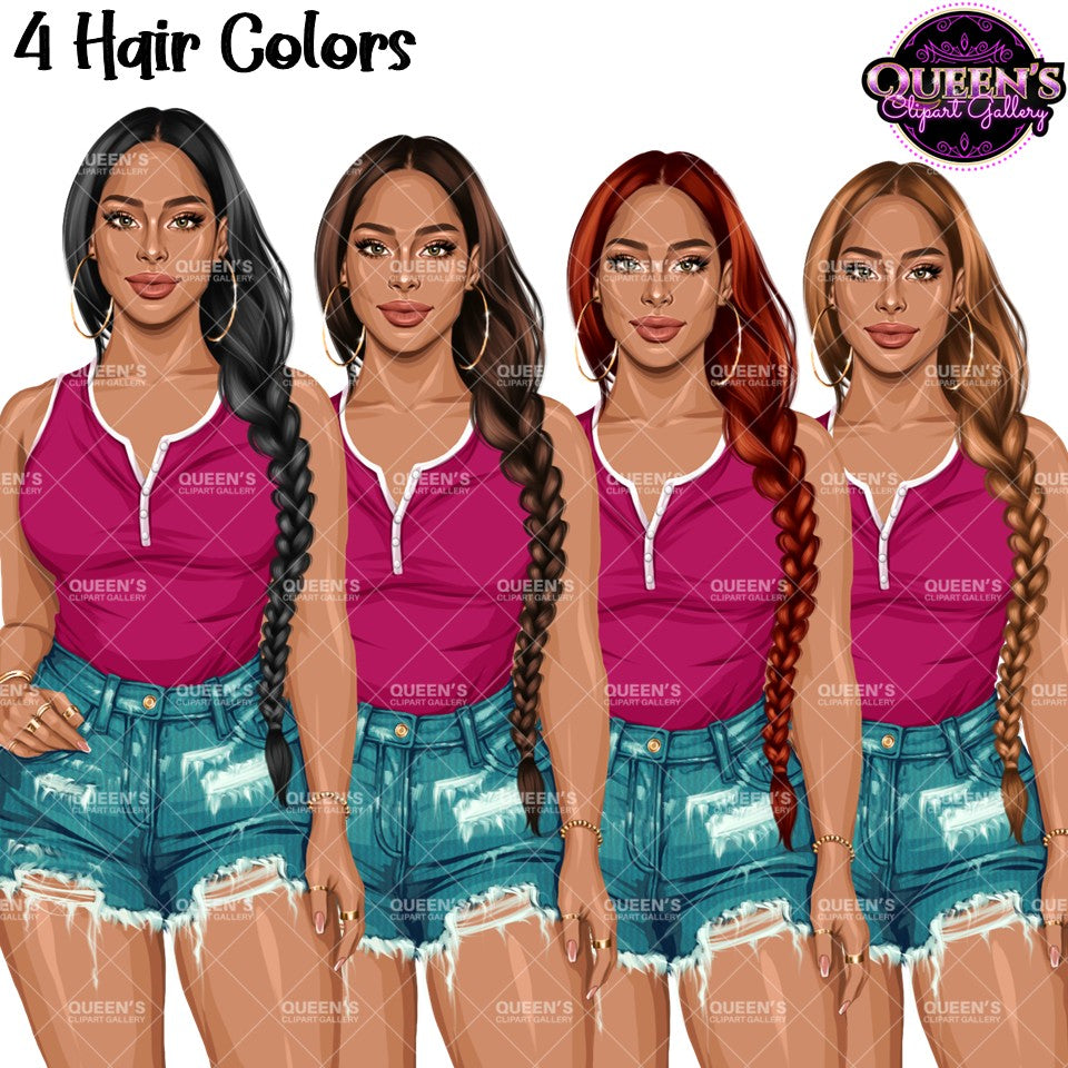 Fashion woman clipart in pink sleeveless top and ripped jean shorts with black, brown, red and blonde long braid hairstyles, PNG with transparent backgrounds
