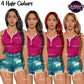 Fashion woman clipart in pink sleeveless top and ripped jean shorts with black, brown, red and blonde long braid hairstyles, PNG with transparent backgrounds