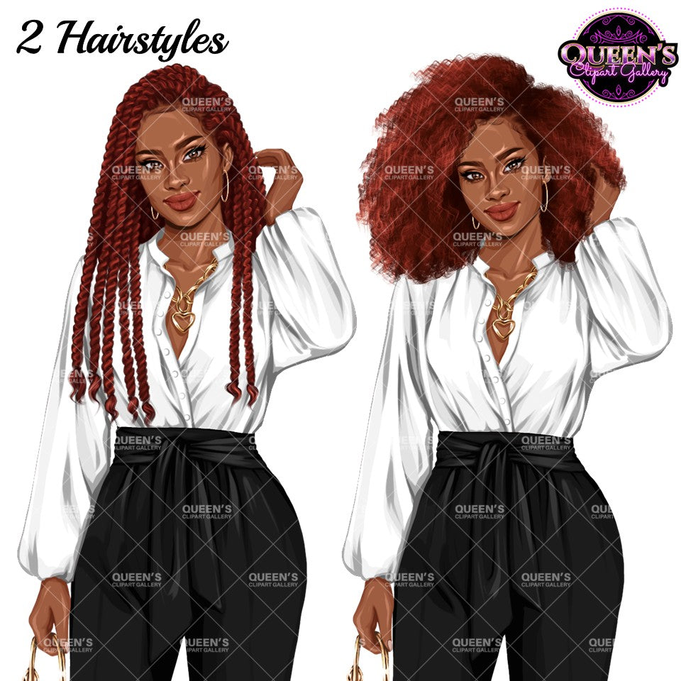 Black business woman clipart featuring long braids and natural Afro hairstyle, white blouse, black wide leg pants and gold jewelry.