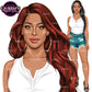 Stylish woman clipart with long red wavy hair and woman with long black braid wearing casual tops and distressed denim shorts, summer fashion PNG with transparent backgrounds