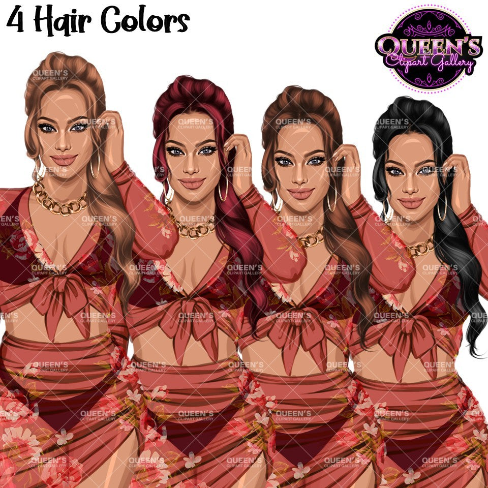 Floral swimsuit clipart PNG featuring a stylish  woman in a floral bathing suit with sheer cover-up and multiple hair colors and transparent background. Fashion woman clipart PNG, stylish female illustration for planners, websites, branding, and commercial use.