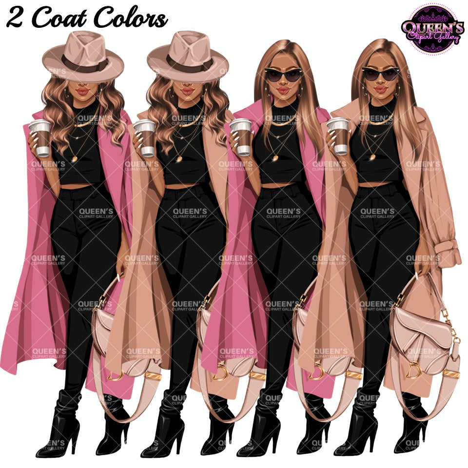 Afro Woman | Fashion Woman Clipart | Fashion Woman Clipart | Coffee Woman PNG | Trench Coat Girl Clipart | Coffee Illustration