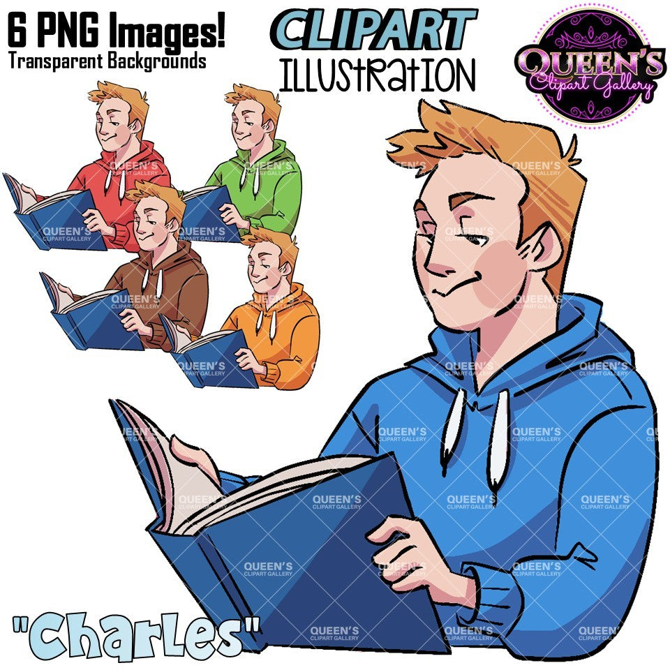 Male student reading clipart with orange hair wearing a blue hoodie and holding an open book, featuring colorful clothing variations and transparent backgrounds.