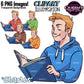 Male student reading clipart with orange hair wearing a blue hoodie and holding an open book, featuring colorful clothing variations and transparent backgrounds.