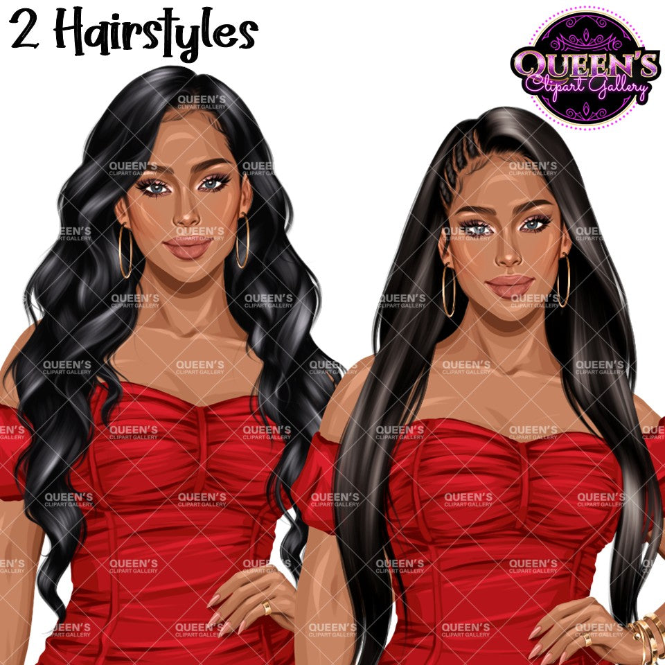 Glamorous woman clipart with long black straight and wavy hairstyles wearing an elegant red mini dress with transparent backgrounds.