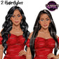 Glamorous woman clipart with long black straight and wavy hairstyles wearing an elegant red mini dress with transparent backgrounds.