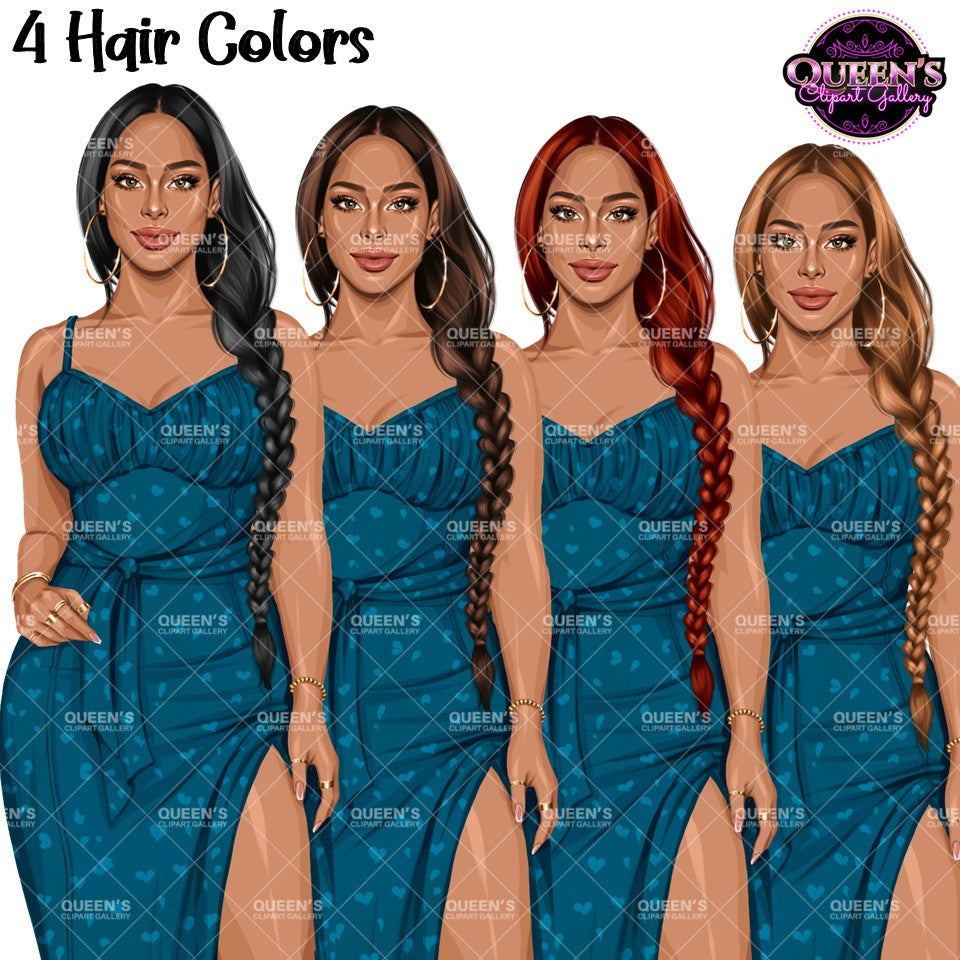 Fashion woman clipart wearing blue midi dresses with long side braids in black, brunette, red and blonde hair colors, PNG images with transparent backgrounds