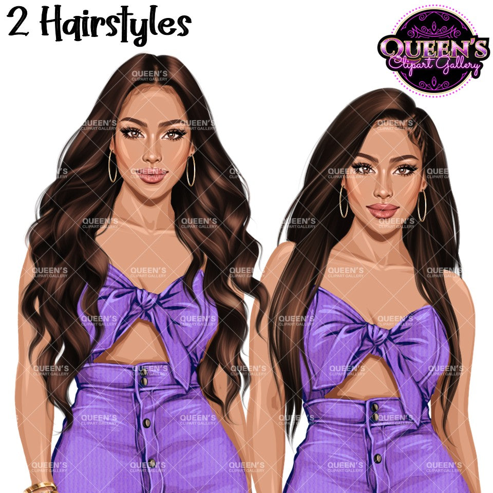 Summer woman fashion clipart featuring two hairstyles, long wavy hair and long straight hair, with purple crop top and matching mini skirt.