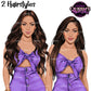 Summer woman fashion clipart featuring two hairstyles, long wavy hair and long straight hair, with purple crop top and matching mini skirt.