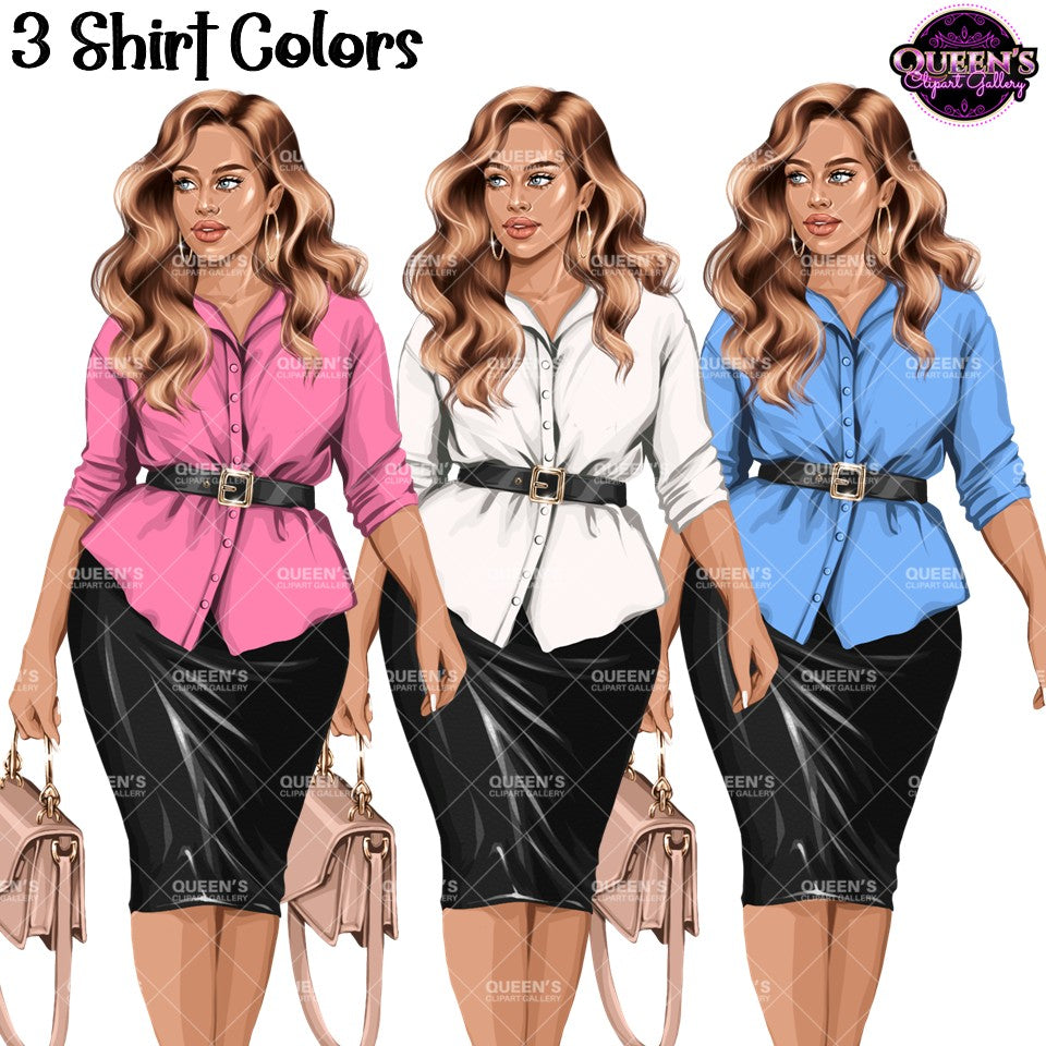 Curvy business woman clipart featuring pink, white and blue blouse options with black pencil skirt, belt and handbag.