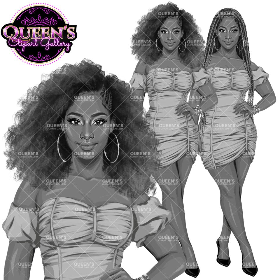 Black woman black and white clipart with natural afro hair and box braids, wearing fashionable mini dresses, PNG illustrations with transparent backgrounds