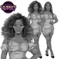 Black woman black and white clipart with natural afro hair and box braids, wearing fashionable mini dresses, PNG illustrations with transparent backgrounds