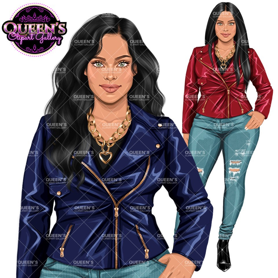 Curvy fashion woman clipart PNG featuring long black wavy hair, blue leather jacket, ripped jeans and alternate full body red jacket design with transparent background.