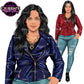 Curvy fashion woman clipart PNG featuring long black wavy hair, blue leather jacket, ripped jeans and alternate full body red jacket design with transparent background.