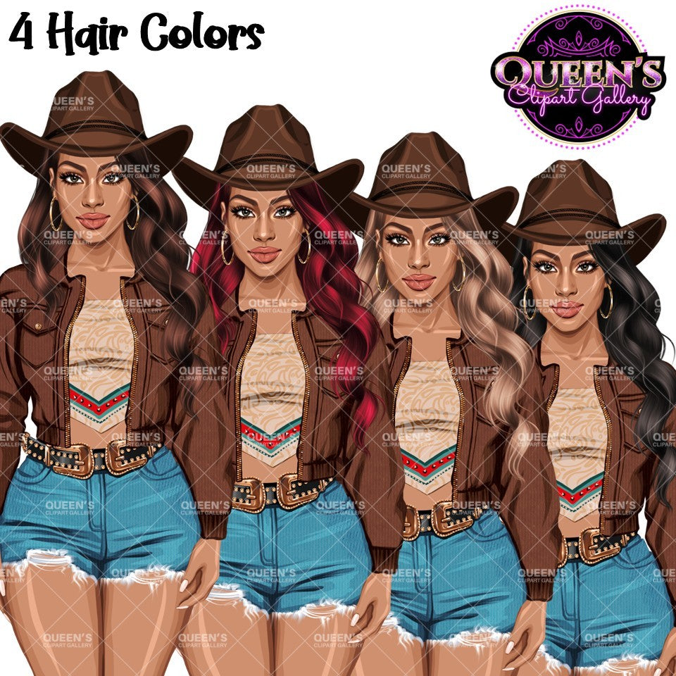 Country Girl Clipart Bundle PNG | Cowgirl Woman Clipart Bundle | Western Fashion Women PNG | Afro and White Cowgirl Clipart