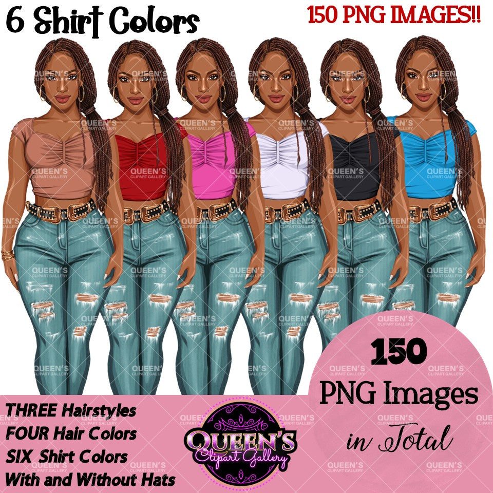 Afro Fashion Girl Clipart PNG | Western Cowgirl Clipart | Black Woman Fashion Illustration | Denim Girl Clipart | Fashion Girl Clipart