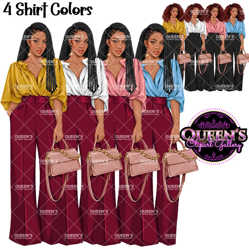 Black professional woman clipart with braided and Afro hairstyles wearing yellow, white, pink and blue blouses with wide leg pants and handbags, transparent background PNG.