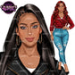 Stylish fashion woman clipart with long black hair, leather jacket and ripped blue jeans, female denim outfit PNG illustration with transparent background
