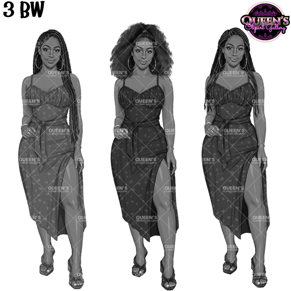 Black and white woman fashion clipart wearing elegant midi dresses with side slits, featuring long twists, afro hair and braided hairstyles, PNG images with transparent backgrounds