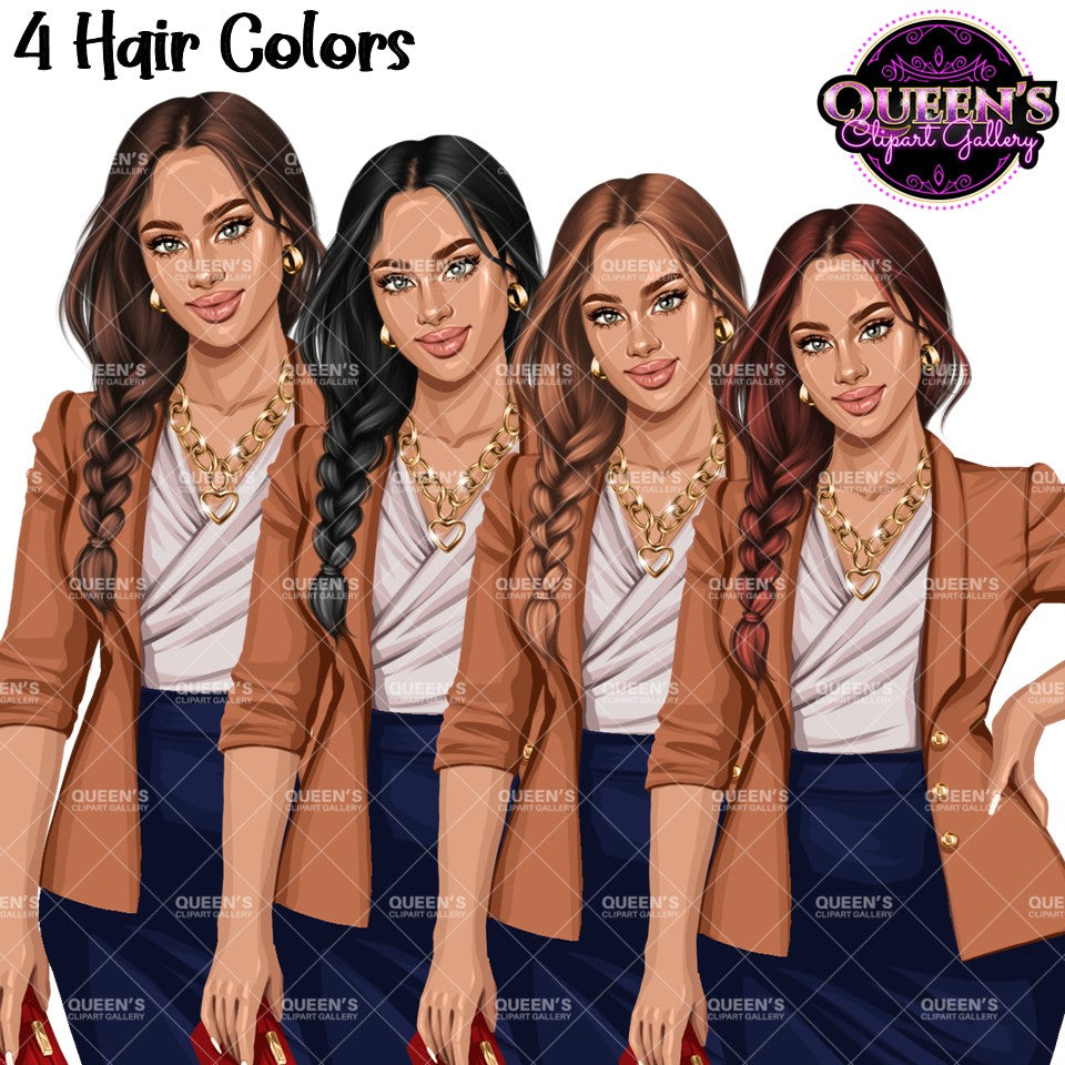Professional woman clipart with braided hairstyles in four hair colors, business attire PNG with transparent backgrounds.